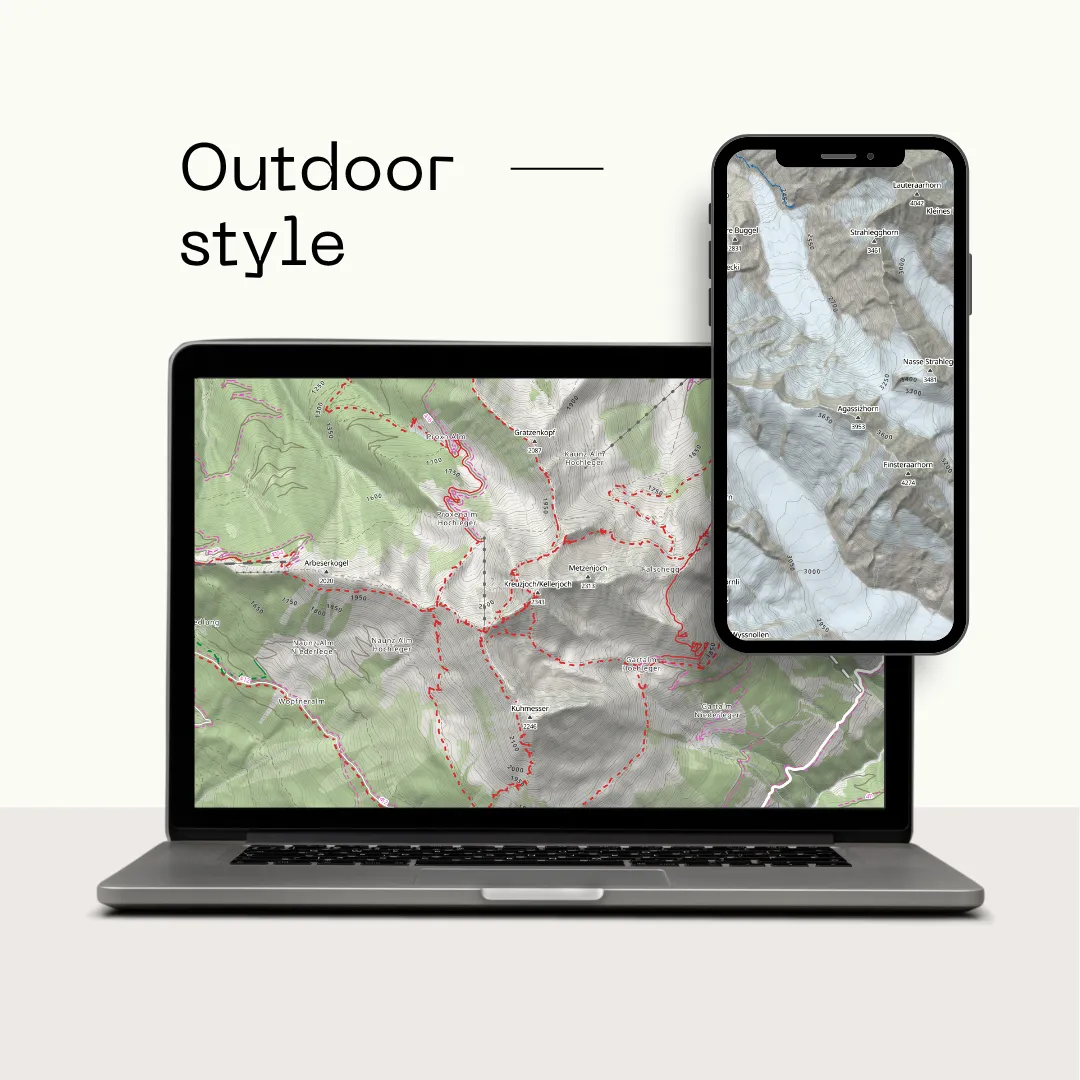 MapRiot outdoor map style with hiking trails, contours and hillshading